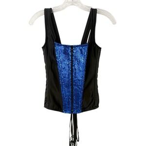 Top Drawer Daisy Corset Small Black Blue Sequin Zip Bustier Glam Renn Faire Vamp